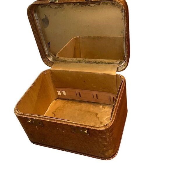 VTG MCM WOODEN, tweed, textured train case w mirror Hard Shell Train/Cosmetic/Ma - Picture 4 of 9